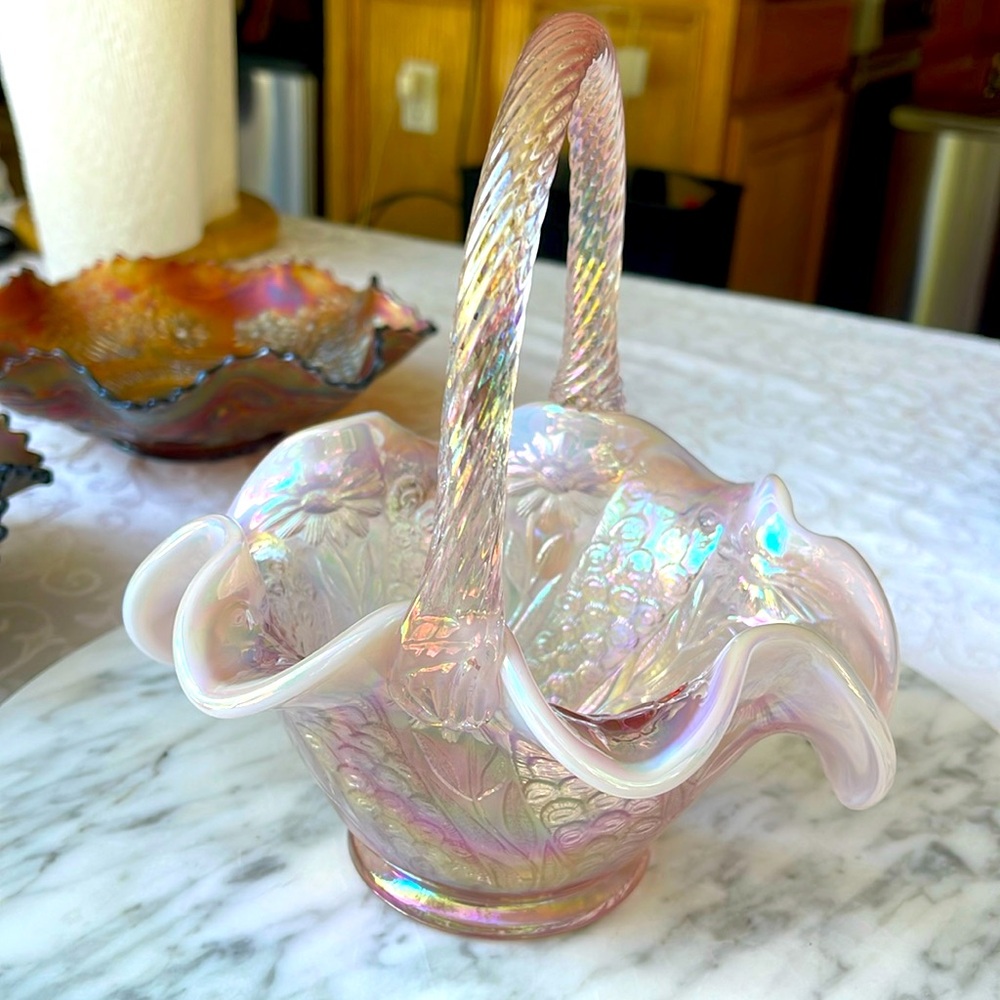 Fenton pink glass basket